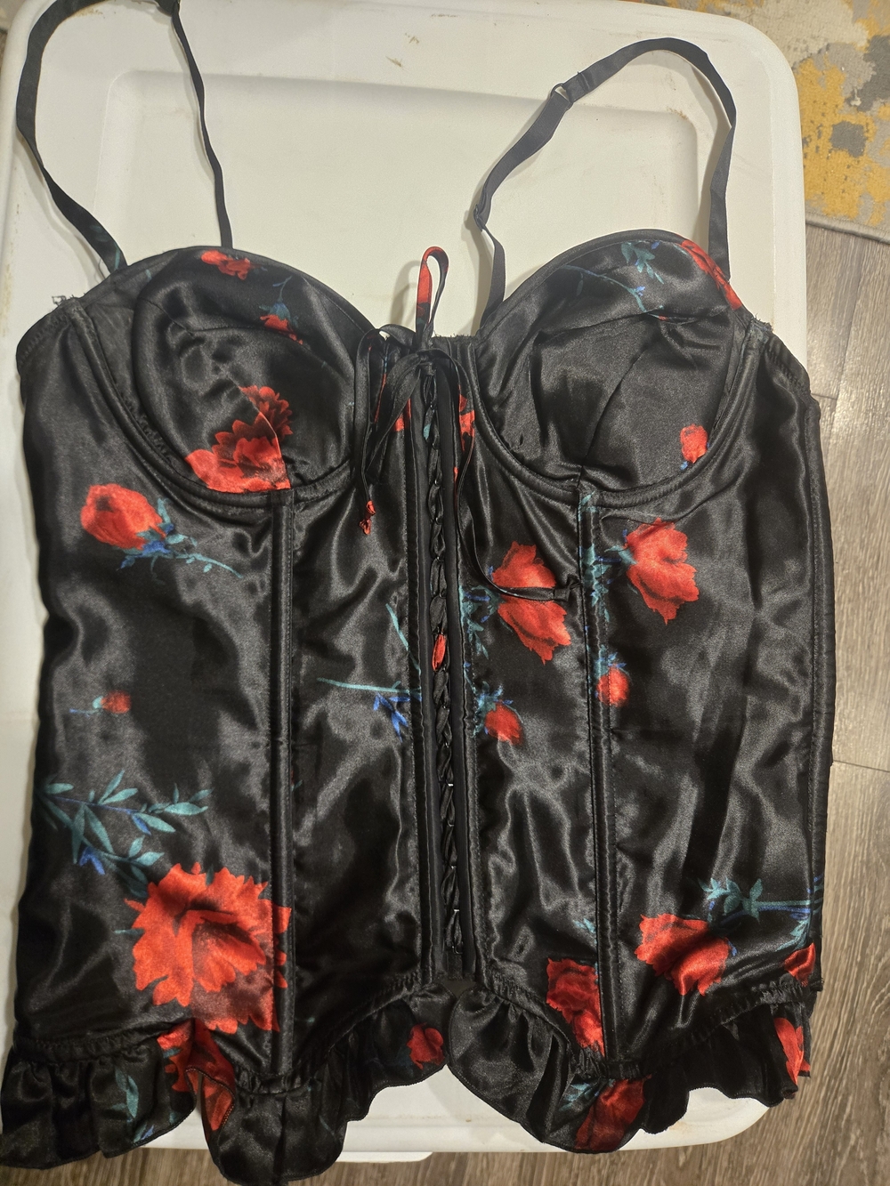 Black Satin Floral Bustier Corset Top with Red Roses Fredericks